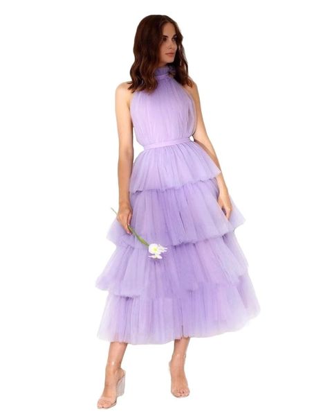 Neckholder-Tüll-Abschlussballkleid, abgestuft, lang, bodenlang, Übergröße, für formelle Anlässe, Abendkleid, Partykleid HD1026