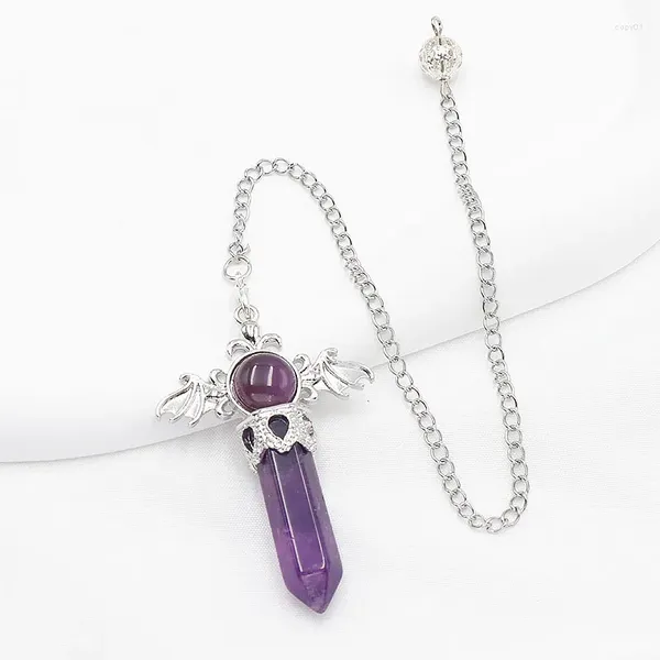 Halsketten mit Anhänger, versilbert, sechseckige Säule, Amethyst-Stein-Gliederkette mit Flügel, klassischer Schmuck