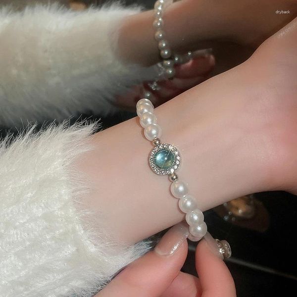 Link pulseiras elegante retro strass imitação pérola pulseira para mulheres luxo delicado dupla camada corrente azul cristal vintage jóias
