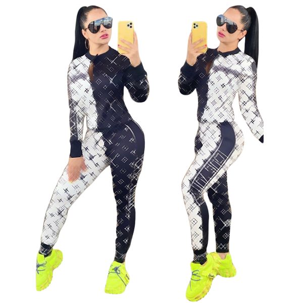 Дизайнерский спортивный костюм из двух частей для женщин, повседневная куртка с воротником на молнии и брюки, комплект, бесплатная доставка