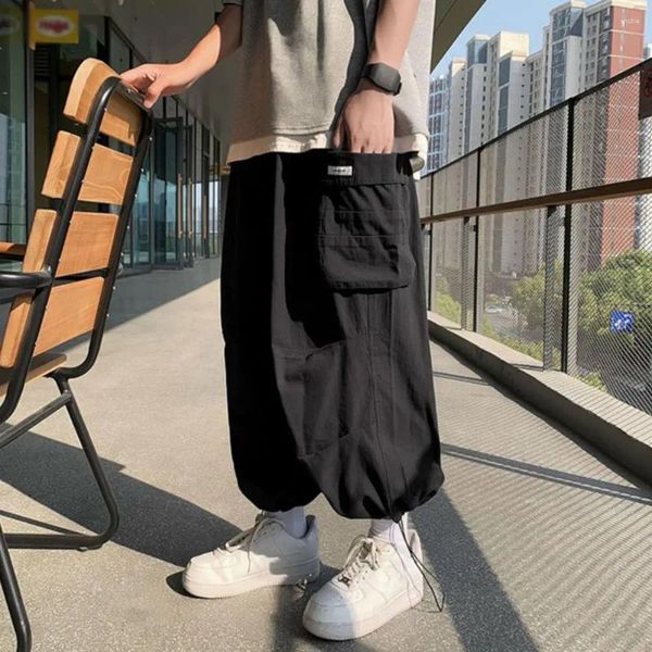 Calças masculinas carga cordão elástico cintura grandes bolsos homens soltos hip hop perna larga baggy pantalones hombre