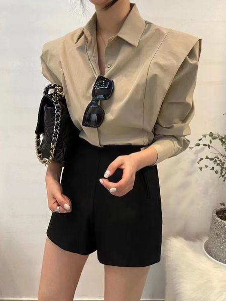 Camicia rilassata a maniche lunghe per il tempo libero Top da donna Temperamento solido Coreano Primavera Vintage Polo semplice con chiusura a scatto Pannello volant