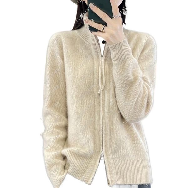 2024 Cardigan da donna, pura lana, cappotto maglione con doppia zip, camicia con fondo in cashmere ampio, scollo a V, S-XXL, crema marrone chiaro bianco giallo grigio rosa nero