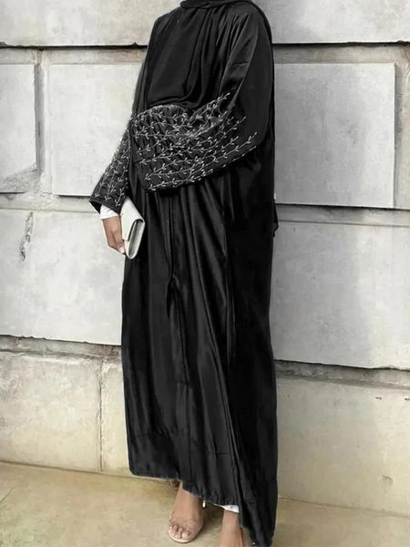 Abbigliamento etnico Eid Kimono Abaya Dubai Partito musulmano di lusso Abito lungo Caftano Perline Aperto Abaya nero per le donne Turchia Abito islamico Hijab