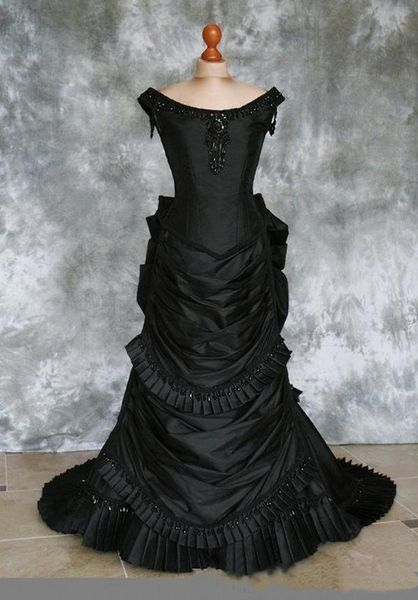 Abito da sposa vittoriano nero gotico con perline in raso con balze Lungo ballo da vampiro Abito da sposa in maschera di Halloween Corsetto Steampunk Abito formale da donna gotico del XIX secolo