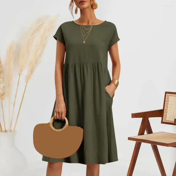 Vestidos casuais mulheres vestido de verão mangas curtas o pescoço solto hem plissado a linha bolsos meados de bezerro comprimento feminino flowy sundress streetwear