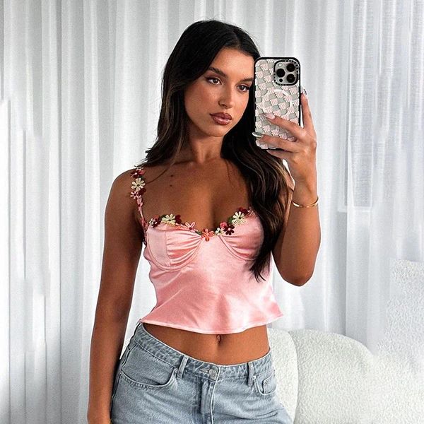 Tanques femininos Floral Lace Borda Halter Colete Mulheres Slim Sexy Showy Peito Cetim Soft Crop Top Verão Casual Street Spice Girl Curto Sling Tops