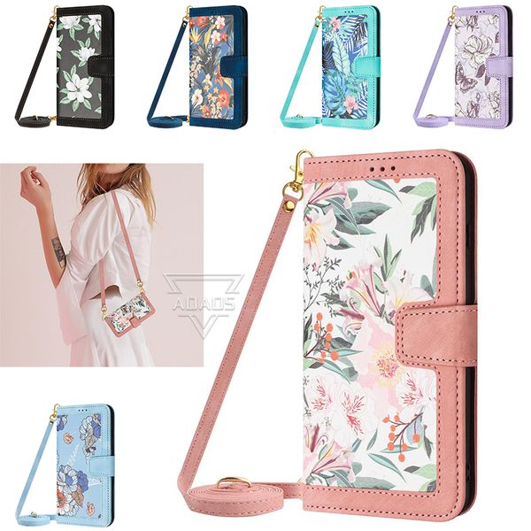 Capas carteira de couro com flores elegantes para Samsung S23Ultra S22 A54 Pixel 8 7A Borboleta havaiana Floral Slot para cartão de crédito Capa flip Lady Crossbody Alça de ombro