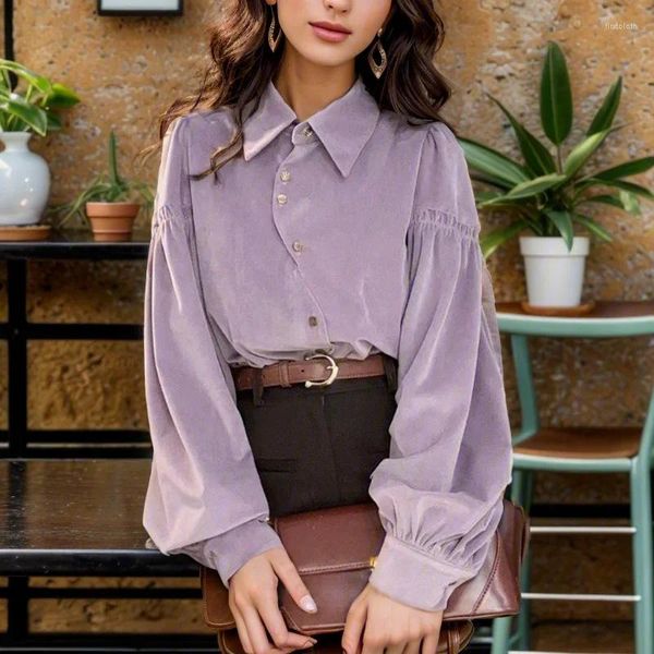 Blusas femininas elegante blusa roxa estilo hong kong vintage camisa de manga longa feminina topos outono cor sólida casual roupas soltas blusas