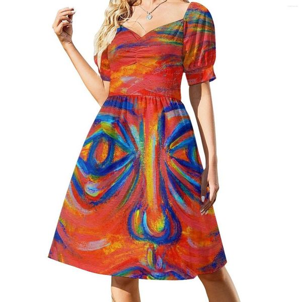 Sıradan elbiseler soyut renkli akrilik portre dökülmüş boya odak kolu elbise nedime kadın festival kıyafeti kadın