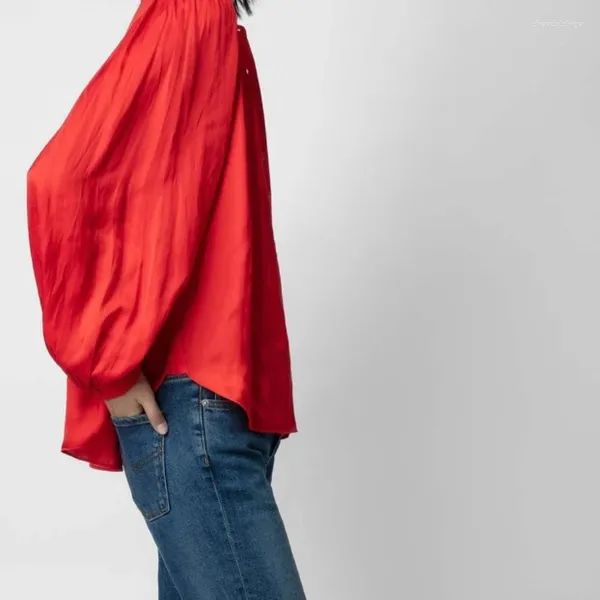 Kadın Bluzları Kadın Gömlek 2023 Sonbahar Uzun kollu puflu kollar ön ve arkaya katlanmış yarım çelik gevşek üst