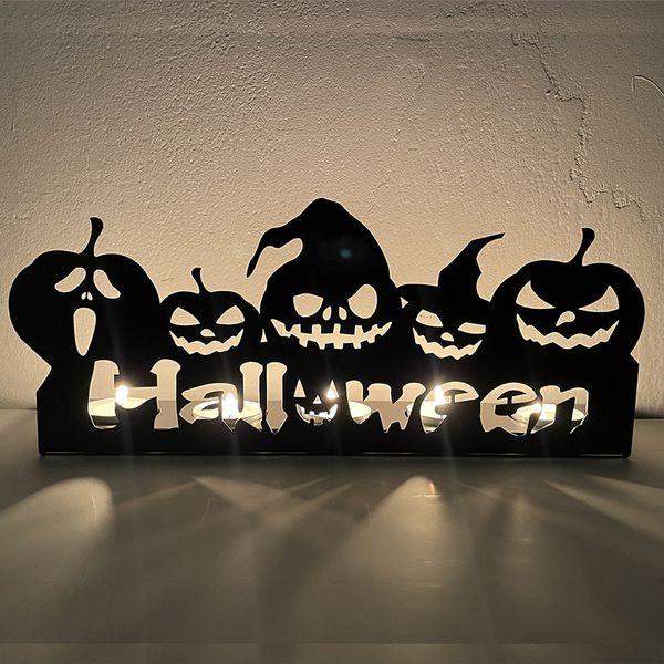 Requintado Halloween Jack-o 'lanterna esqueleto castiçal lindo metal ferro artesanato atmosfera decoração adereços.