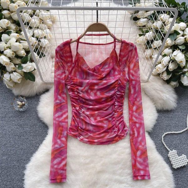 Women's T Shirts Summer Fashion Pleated Print Halo Dye Hanging Neck Long Sleeved T-Shirt For Women Thin Fitting Mesh Sun Protection Top