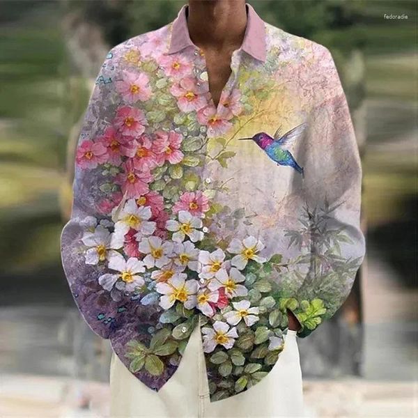 Camisas casuais masculinas verão 2023 flores pássaros 3d impresso manga comprida single-breasted moda rua dança festa design 6xl