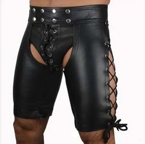 Reggiseni Set Lingerie sexy Gay Men Ecopelle Pantaloni con lacci Nero Uomo Lattice PVC Bondage Cortch aperto Pantaloncini Fetish gotico 231216