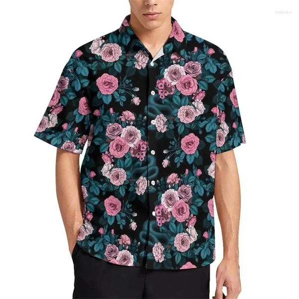 Camisas casuais masculinas harajuku rosa floral 3d impressão camisa masculina roupas moda manga curta lapela botão tops oversized unisex camisas