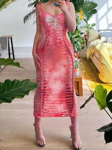 Abiti casual Donna Rosa Tie Dye Stampa Scollo a V Abito longuette Sottoveste Fasciatura Backless Ritaglio irregolare Abiti estivi sottili sexy Vestito estivo per le vacanze