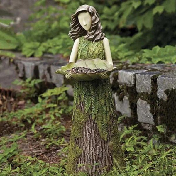 Oggetti decorativi Figurine Frost Standing Girl Statue Figurine Figura da giardino Decor con ciotola per mangime per uccelli Decorazione esterna Resina Blow 231216