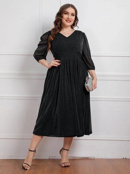 Kleider in Übergröße, schwarz, hohe Taille für Damen, V-Ausschnitt, Dreiviertelärmel, A-Linie, glänzend, Cocktailparty, Abschlussball, Abendoutfits, 4XL