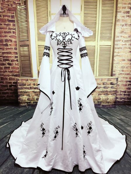 Vestido de noiva medieval renascentista vintage com chapéu preto e branco vestidos de noiva góticos bordados uma linha espartilho de cetim vestidos de ocasião especial para mulheres