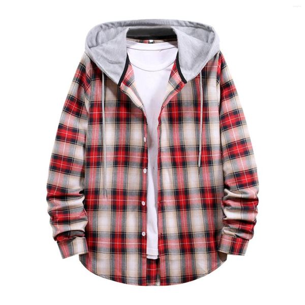 Camicie casual da uomo Camicia con stampa scozzese Camicia da uomo con colletto con cappuccio Manica lunga Autunno e inverno Cardigan con bottoni per uomo Camisas