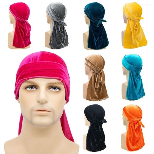 Berets Durags para homens veludo cauda longa headwrap boné bandana turbante elástico hip-hop pirata chapéu