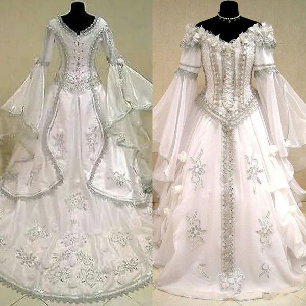 Renaissance mittelalterliche Hochzeit keltische Kleidung für Frauen Langarm eine Linie Vintage viktorianische Brautkleider Fantastische Korset Plus Size Robe de Mariee