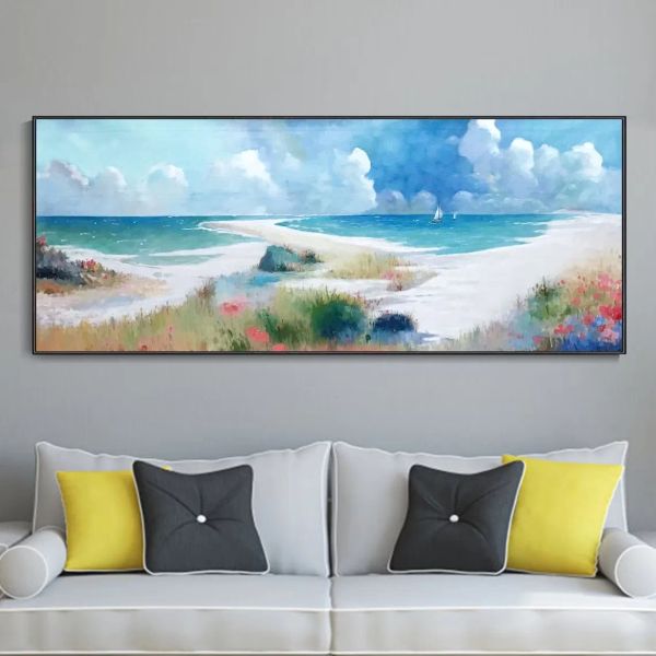 Moderno oceano azul mar lona pintura a óleo pintados à mão personalizado praia textura decoração da parede céu azul e nuvens brancas arte para decoração