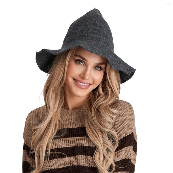 Береты 2024, винтажная вязаная шапка на Хэллоуин, модная женская однотонная складная вязаная остроконечная шапка ведьмы для фестиваля косплея