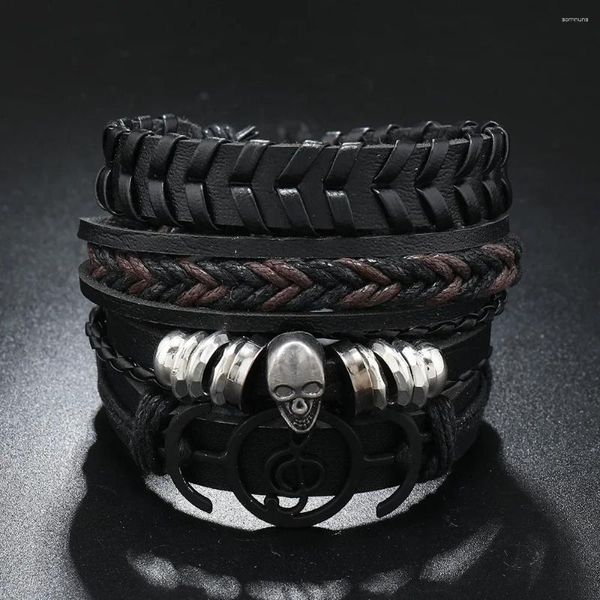 Charm Armbänder Rock Roll 4 Teile/satz Schädel Leder Armband Für Männer Hand Geflochtene Wrap Armband Seil Herren Perlen Schmuck