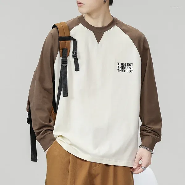 Camisas masculinas de algodão pesado estilo americano camiseta primavera outono moda solta o-pescoço simples retalhos casual aconchegante manga longa tops