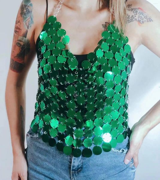 Serbatoi da donna Europeo Verde Bling Paillettes Gilet per le donne Backless Halter Camis Reggiseno Collana Paillettes Perline Petto Catena Notte sexy