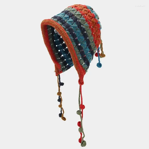 Berets Japonês e Coreano Handmade Crochet Colorido Patchwork Listrado Borla Bola Protetores de Ouvido Chapéu de Lã Escavado Caps de Malha