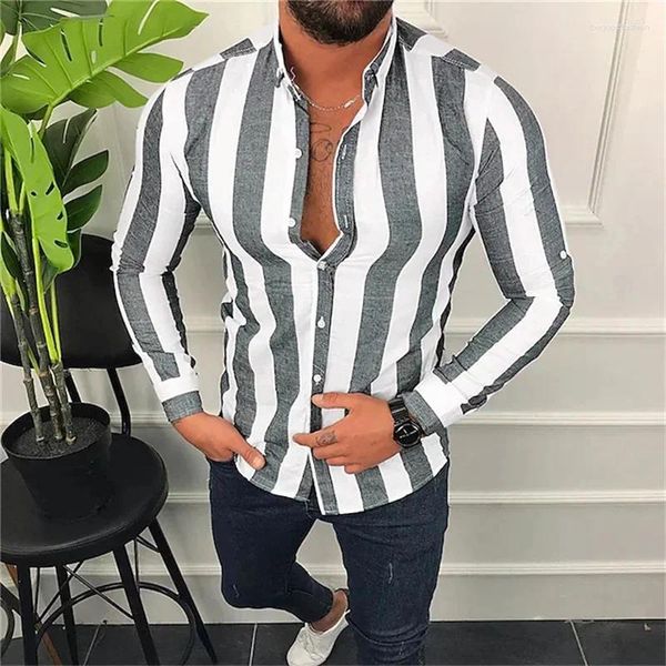 Camisas casuais masculinas de luxo na moda single-breasted padrão listrado impresso de mangas compridas topos festa bola S-6XL