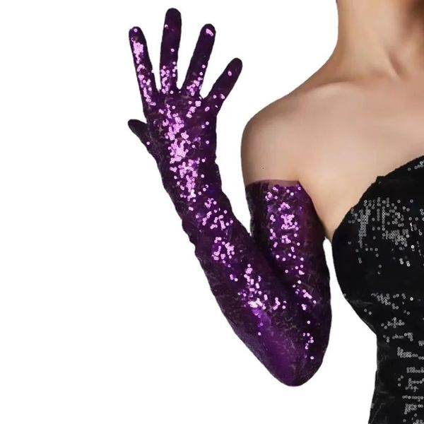 Guanti Five Fingers Glove 70 cm glitter lunghi Maglia di pizzo ricamato Abito di lunghezza speciale Palco viola scuro C063 231216