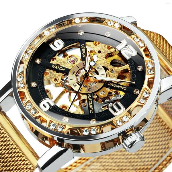 Armbanduhren Forsining Herren Mechanische Uhren Top Gold Skeleton Uhr Männer Klassische Diamant Leuchtendes Mesh Edelstahlarmband