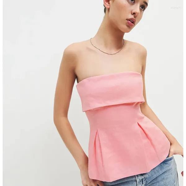 Kadın Tankları Y2K Sevimli Pembe Piled Bandeau Tank Kapalı Omuz Çiçek Baskı Kadın Bebek Tüpü Peri Koreli Kawaii Straplez Yelek 00s