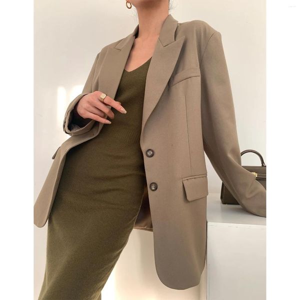 Ternos femininos design sentido silhueta terno casaco versão coreana mostra temperamento fino cáqui verde skew botão arma lapela colarinho