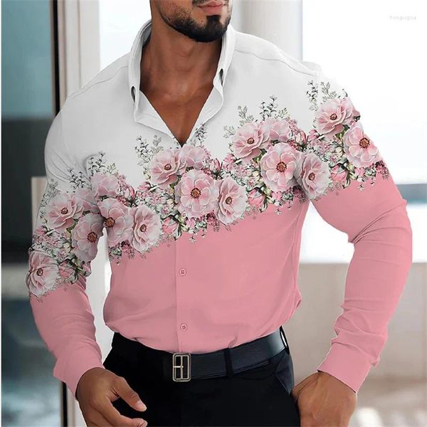 Camicie casual da uomo 2023 Camicia abbottonata con risvolto Top con cardigan da strada a maniche lunghe con grafica floreale stampata in 3D