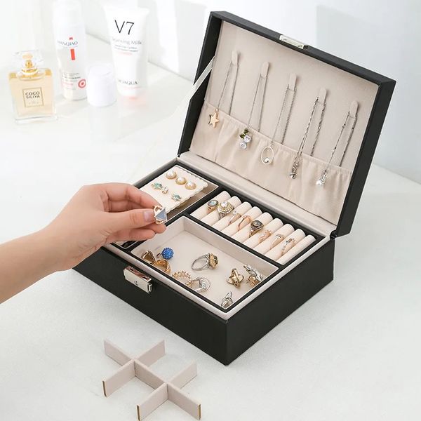 Caixas de joias de madeira de camada dupla para joias, caixa de anel, caixas de joias e embalagens com couro PU, organizador de armazenamento de joias e estojo de maquiagem 231216