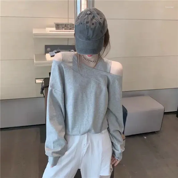 Kadın Hoodies 2023 İlkbahar ve Sonbahar Moda Gündelik Uzun Kollu Top Tasarım Kapalı Omuz Külotu Sweatshirt