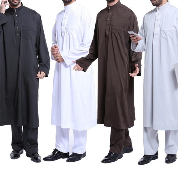 Masculinos Tracksuits Mens Estilo Étnico Islâmico Muçulmano Terno Moda Médio Oriente Árabe Cor Sólida Simples Robe Calças Retas Conjunto de duas peças