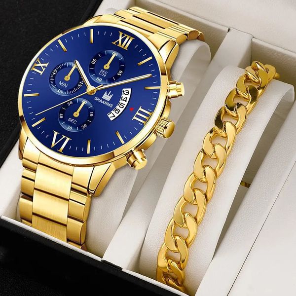 Relógios de pulso Mens Fashion Business Quartz Watch Falso Três Olhos Seis Pin Calendário Homens Cinto de Aço Inoxidável Relógios 231216