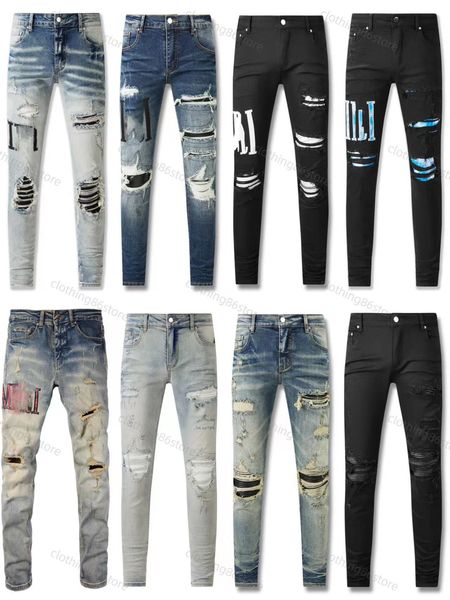 Jeans Purple Jeans Jeans Jeans Jeans Moda Angusted Ripped Bikers Cargo jeans feminino para homens calças pretas Buraco quebrado jeans magro