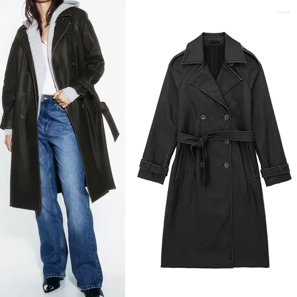 Trench da donna Cappotto in similpelle effetto invecchiato Autunno/Inverno Moda Classico Doppiopetto con lacci