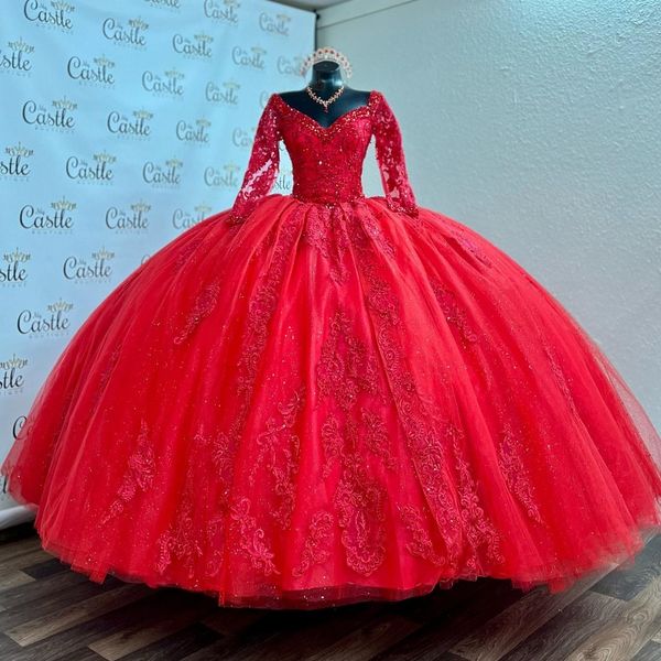Rotes Ballkleid Quinceanera-Kleid 2024 Spitze Applikation Perlen Langärmeliger Zug XV Prinzessin Vestidos De 15 Anos Geburtstag Süßes 16 Kleid