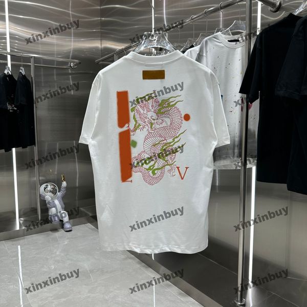 Xinxinbuy, camiseta de diseñador para hombre, camiseta con estampado de letras de dragón, manga corta de algodón para mujer, negro, blanco, azul, gris, caqui, S-2XL