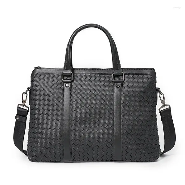 Портфели Дизайнерский портфель для мужчин Модная деловая сумка для ноутбука Тканая кожаная мужская дорожная рабочая сумка Сумка на плечо