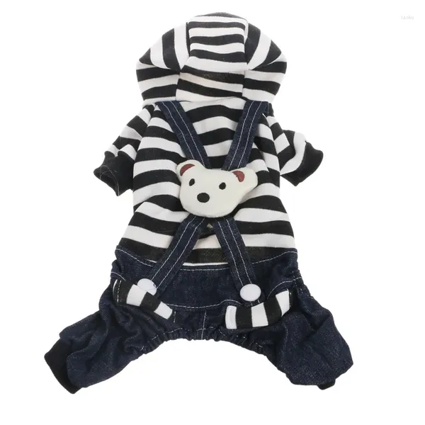 Abbigliamento per cani DONG Cappotto jeans Cani di piccola taglia Panno con bretelle per animali domestici con testa d'orso Vestiti Strisce nere