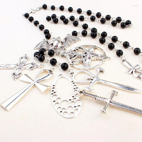 Correntes Ankh Black Beads Bat Colar Punk Cool Long Rosário Frisado Gótico Camisola Cadeia Para Mulheres Homens